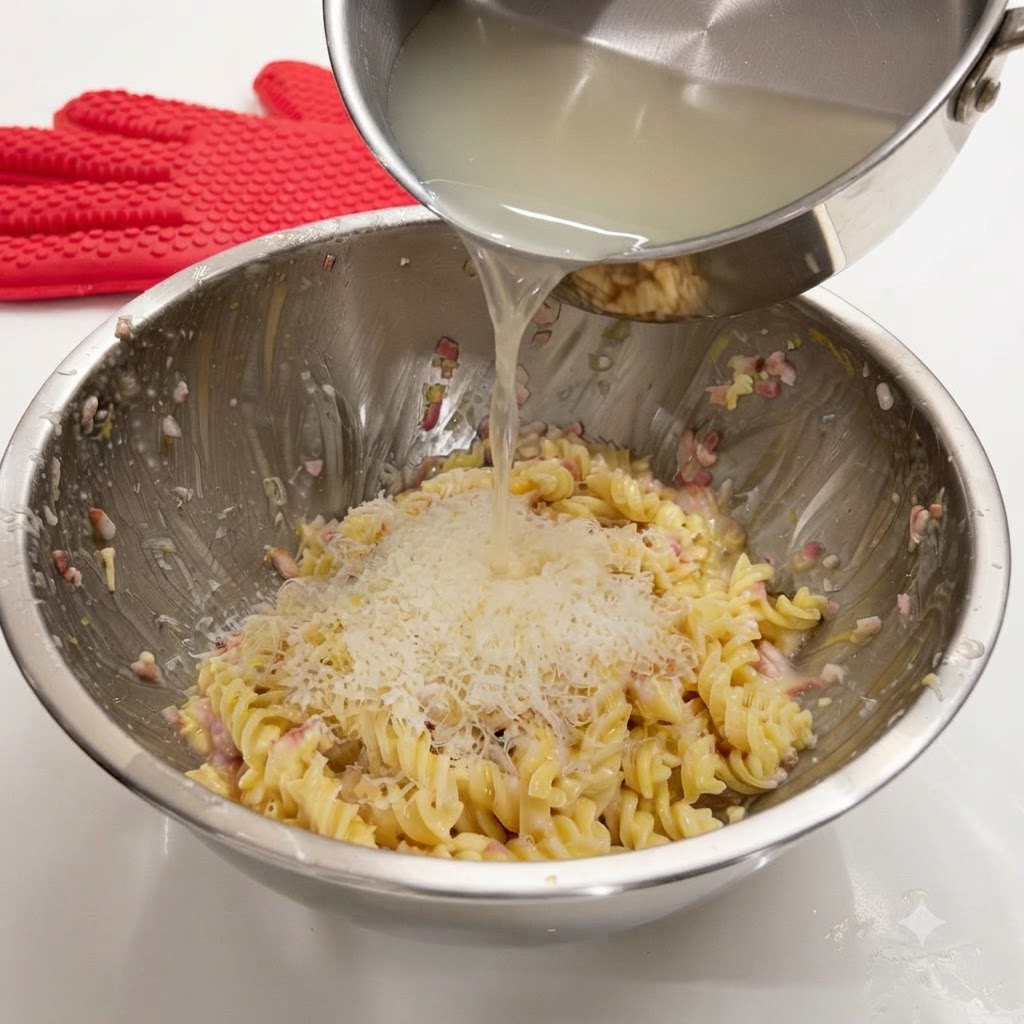 Heisses Nudelwasser wird aus einem Topf über frisch geriebenen Parmesan auf Spiralnudeln gegossen.