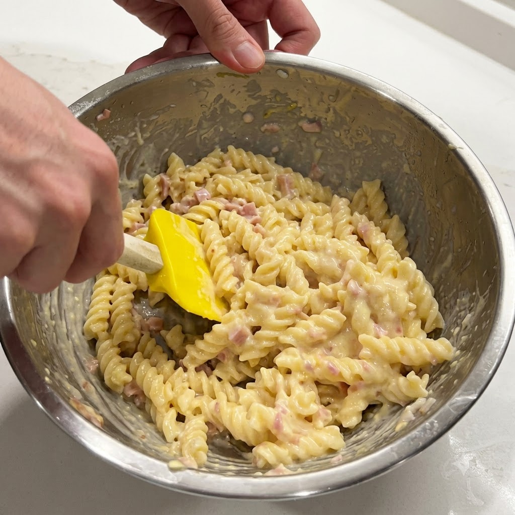 Spiralnudeln werden in einer Metallschüssel mit einem gelben Spatel vermischt, um eine cremige Zitronen-Butter-Sauce zu erzeugen.