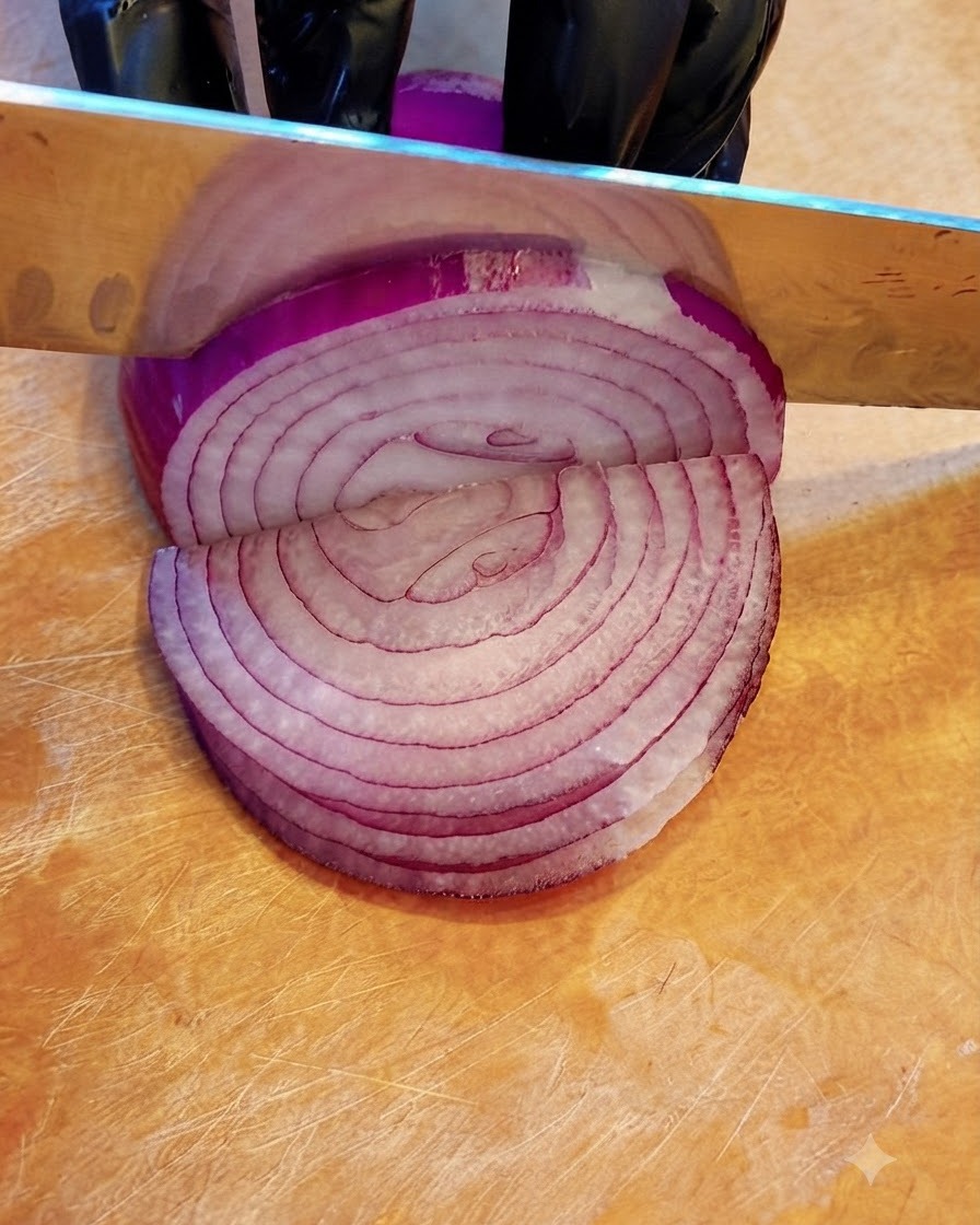 Ein Messer schneidet durch eine halbierte, rohe rote Zwiebel auf einem Holzschneidebrett.