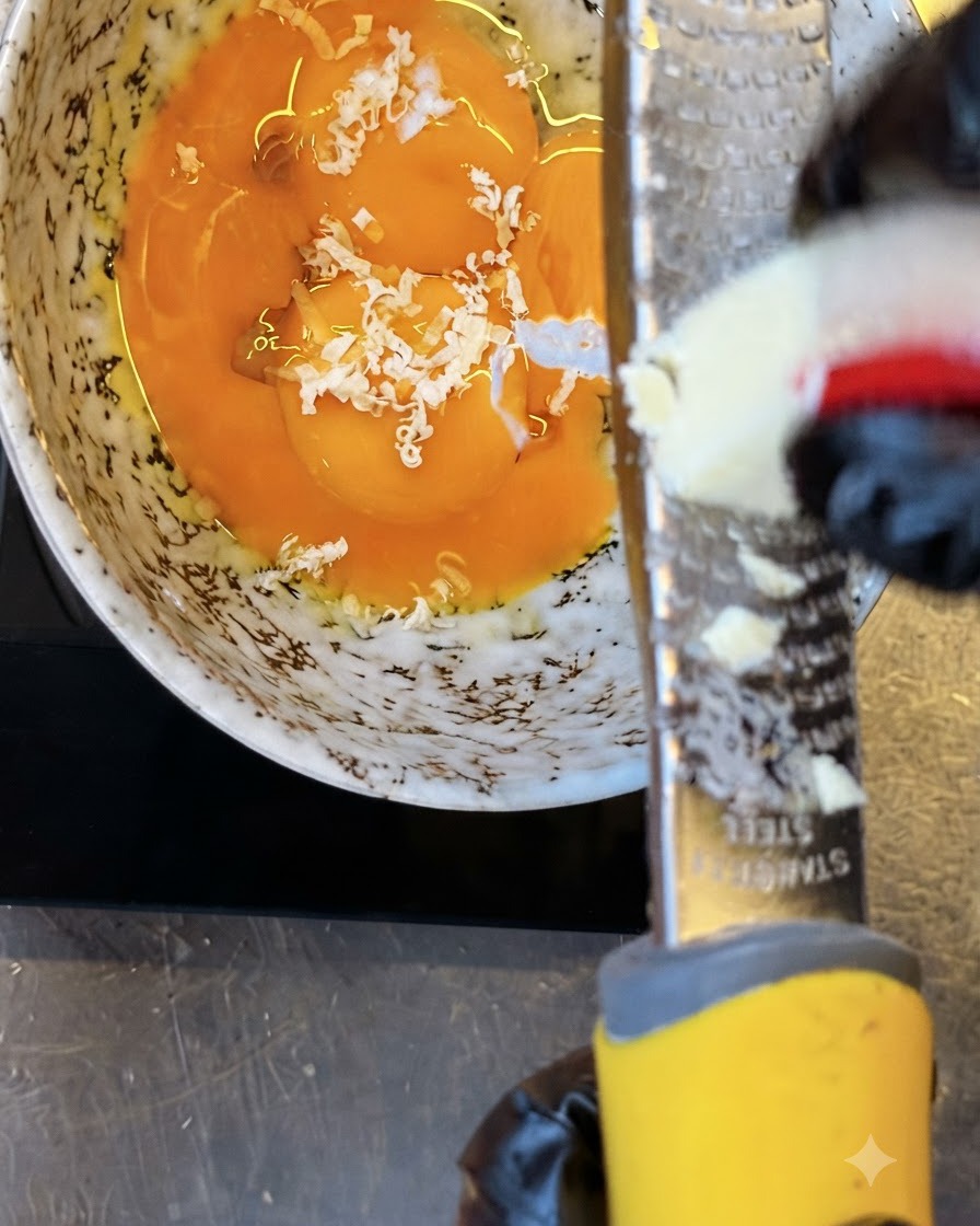 Ein Stück Trockenkäse wird über leuchtend orangenem Eigelb in einer gesprenkelten Schüssel gerieben.