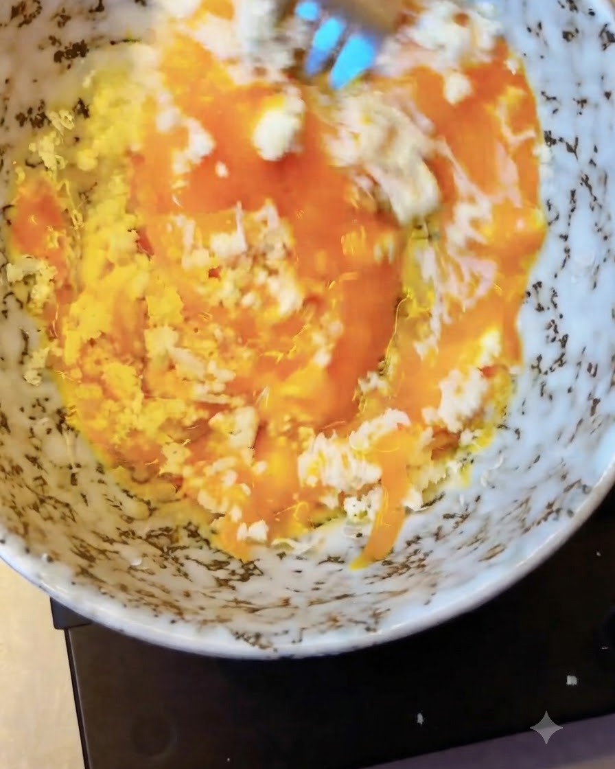 Eine Gabel rührt geriebenen Käse und Eigelb zu einer dicken, goldenen Paste zusammen.