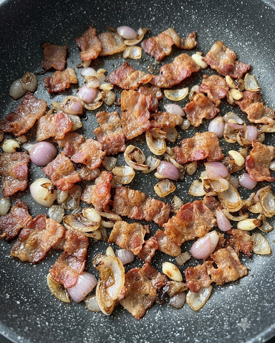 Speckstücke und rote Zwiebelstücke werden zusammen in einer dunkel gesprenkelten Pfanne angebraten.
