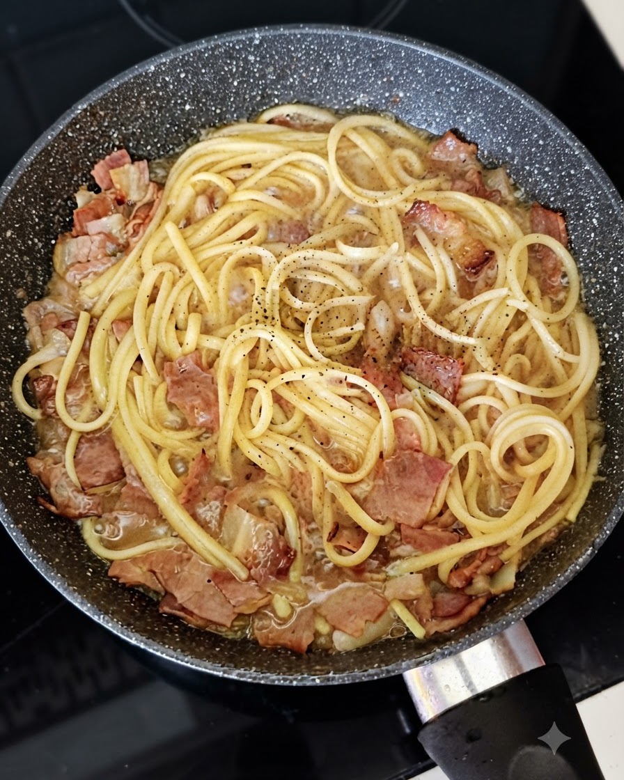 Schwarzer Pfeffer wird frisch über Spaghetti, Speck und Zwiebeln in einer Pfanne gemahlen.