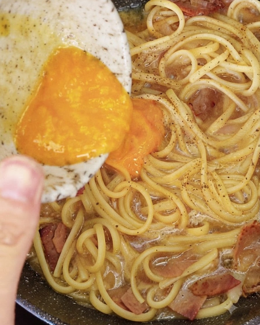 Eine Schüssel mit einer gelben Käse-Eigelb-Mischung wird über warme Spaghetti und Speck in eine Pfanne gegossen.