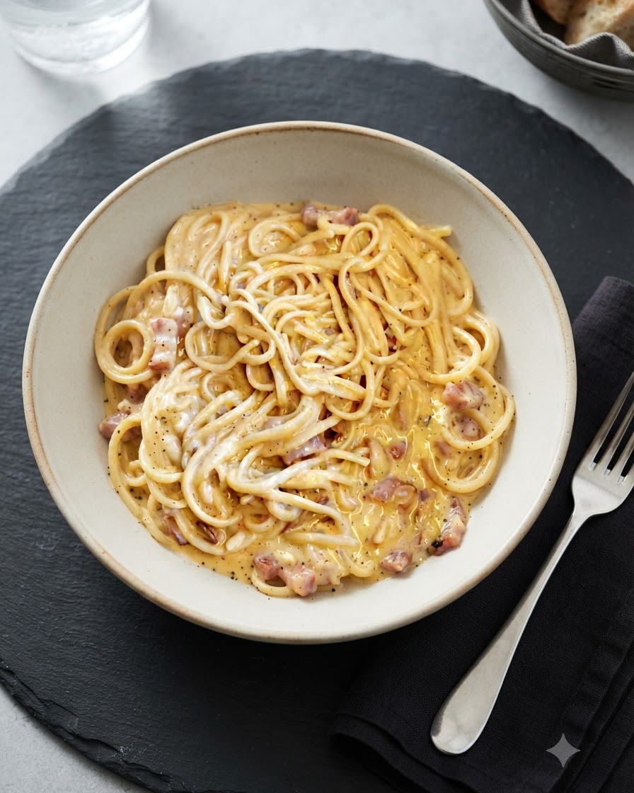 Cremige Carbonara-Pasta in einer breiten Keramikschüssel, platziert auf einem dunklen Schieferbrett mit einer Gabel auf einer Serviette.