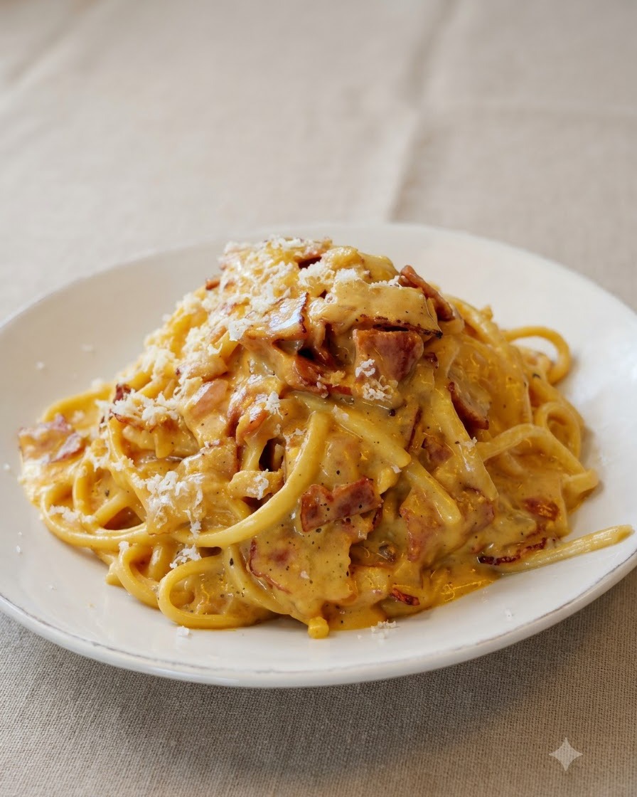 Frischer Trockenkäse wird über einen Berg cremiger Carbonara-Pasta auf einem weißen Teller gerieben.