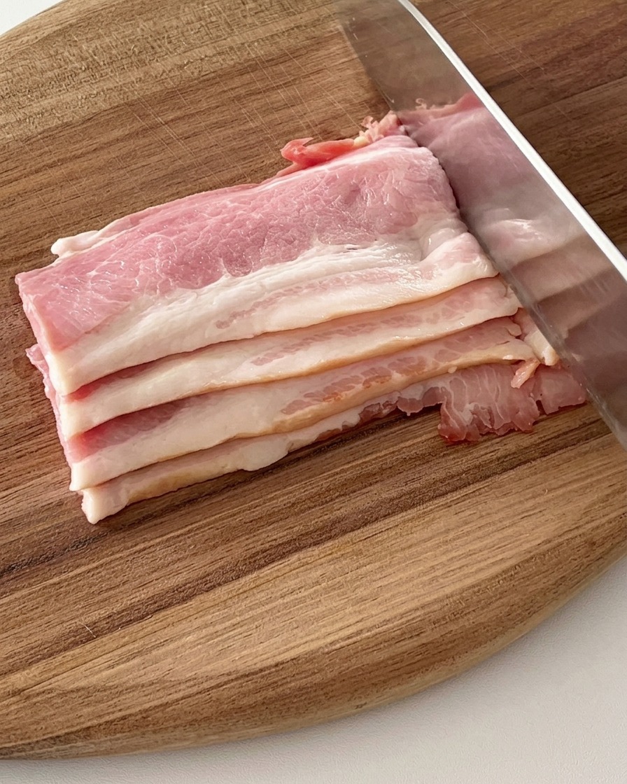 Speckstreifen werden auf einem Holzedelbrett mit einem Messer in kleinere Portionen geschnitten.