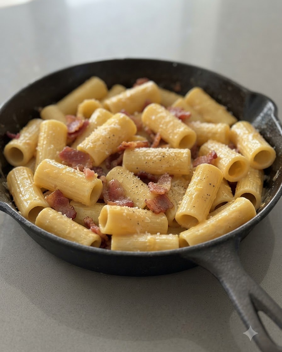 Cremige Ei-Käse-Sauce wird mit Rigatoni und Speck in einer Gusseisenpfanne vermischt.