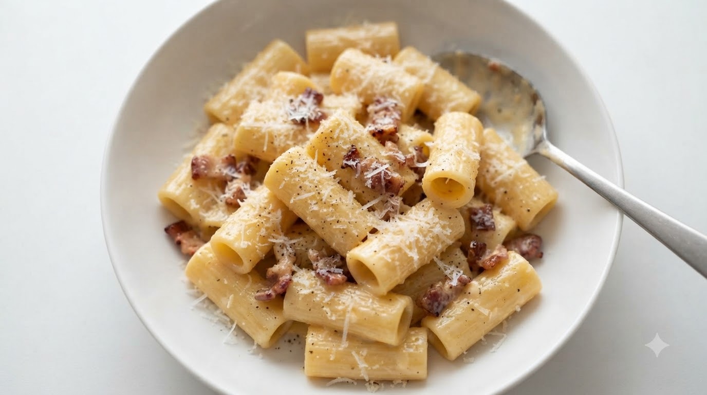 Eine cremige Schüssel Rigatoni Carbonara, garniert mit geriebenem Parmesan und schwarzem Pfeffer