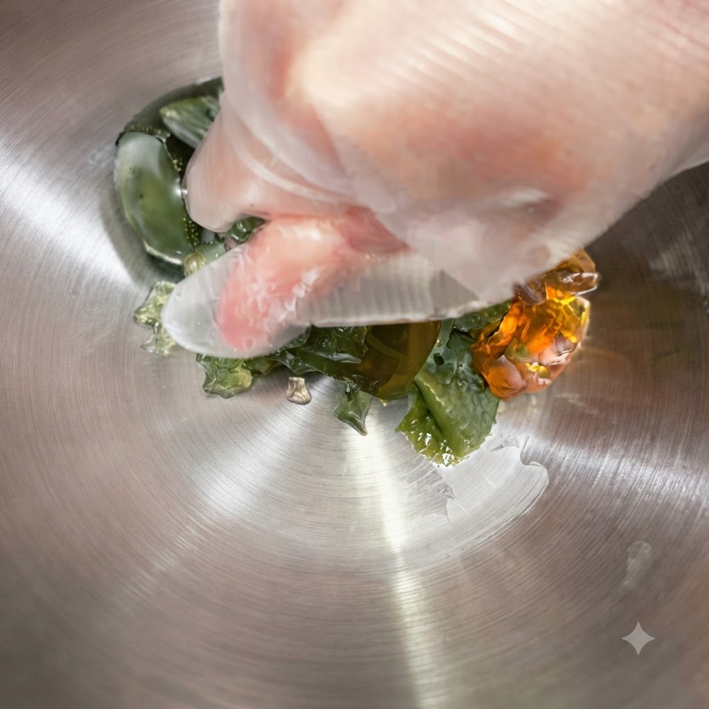 Gloved hand crushing peeled preserved eggs inside a stainless steel mixing bowl.
