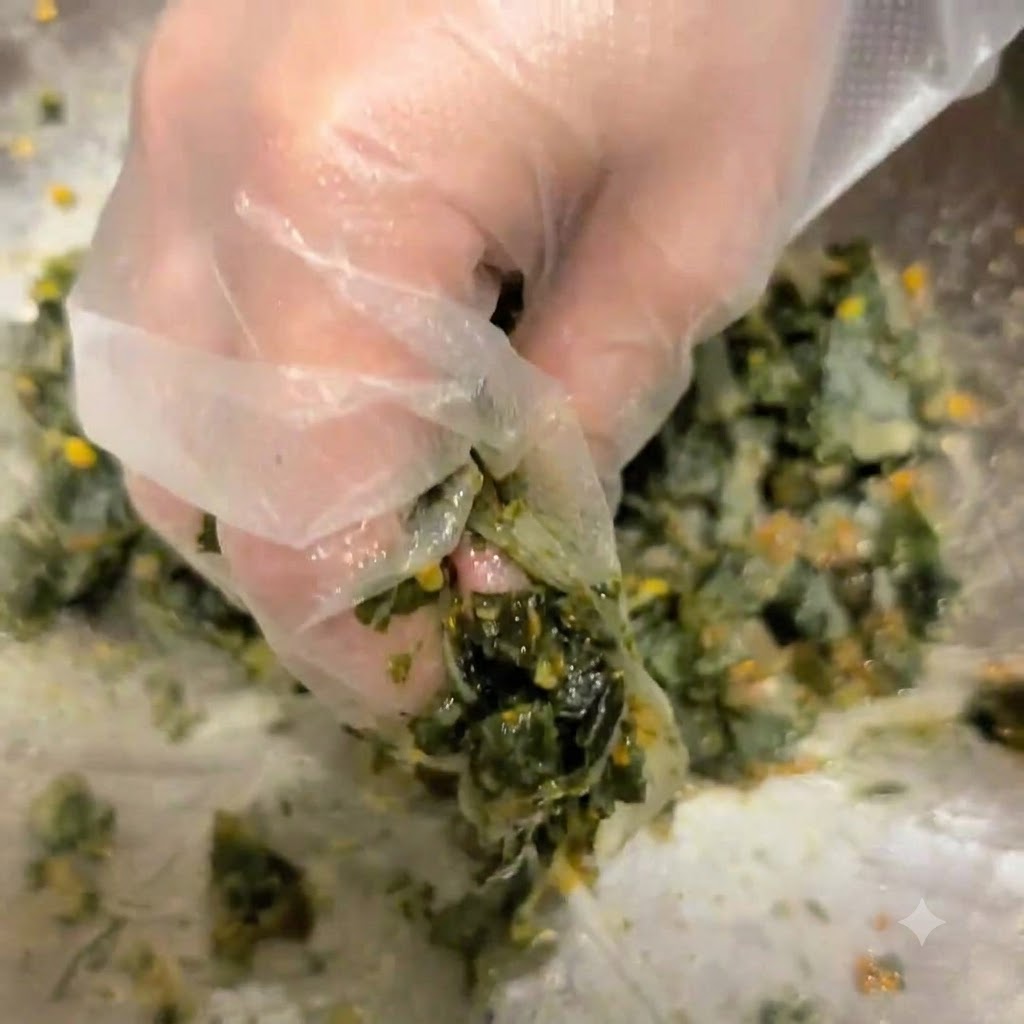 Two raw eggs cracked directly over the layer of crushed preserved eggs in the metal bowl.