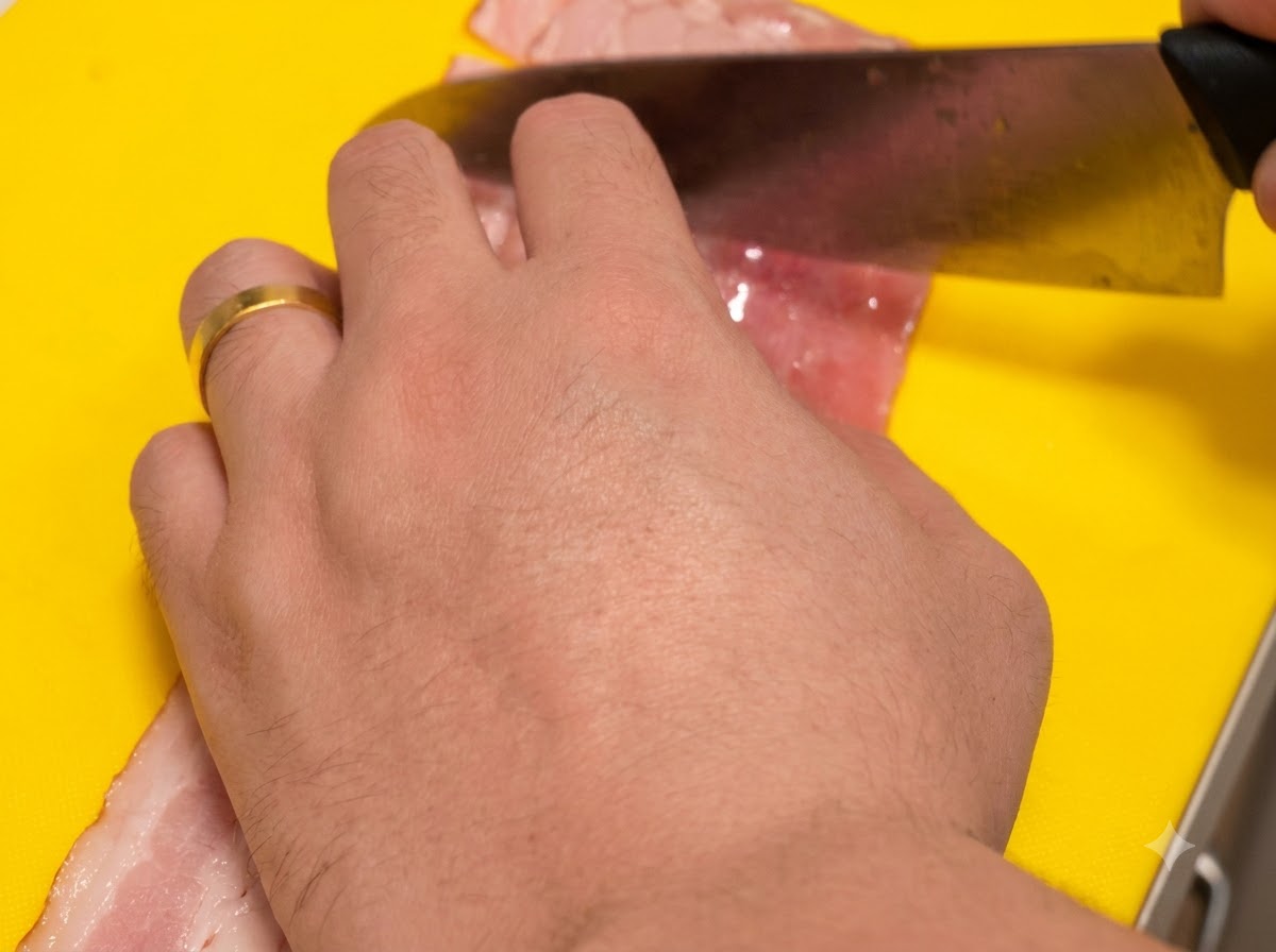 Knife slicing raw bacon strips into small bite-sized rectangles on a yellow board.