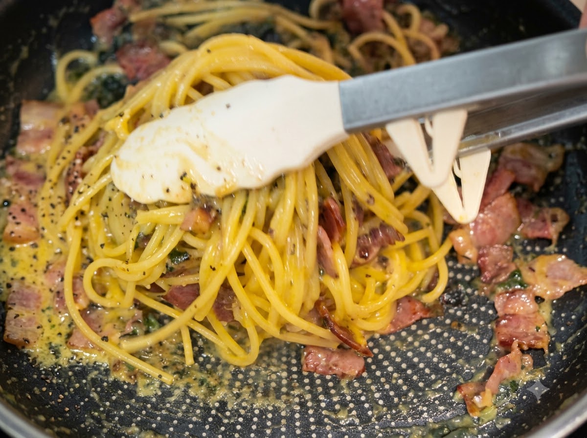 Kitchen tongs vigorously tossing spaghetti, bacon, and creamy sauce together in a non-stick pan.
