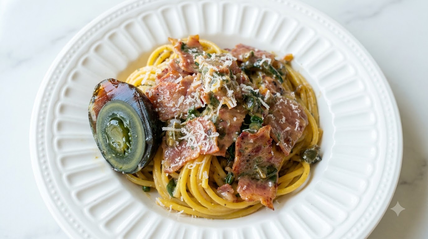 Preserved Egg and Bacon Pasta (Carbonara-Fusion)