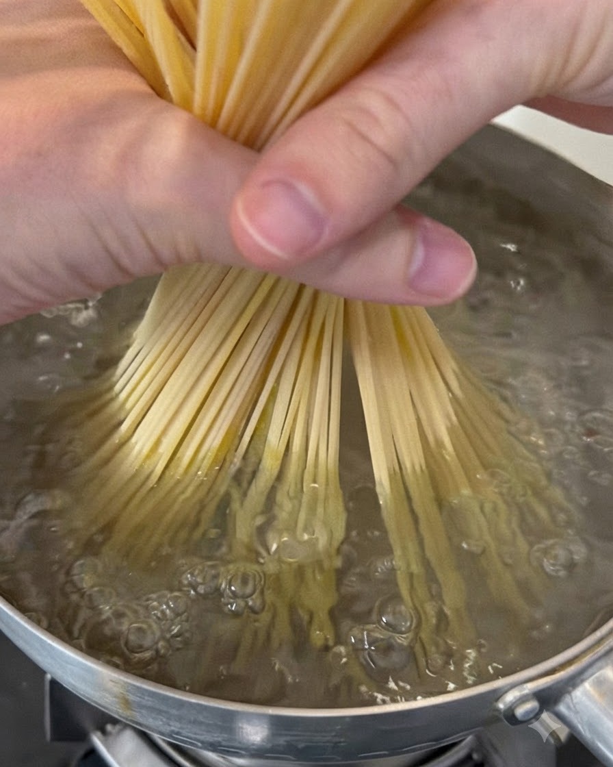Rohe Spaghetti-Pasta wird gehalten und in einen blubbernden Kochtopf gegeben.