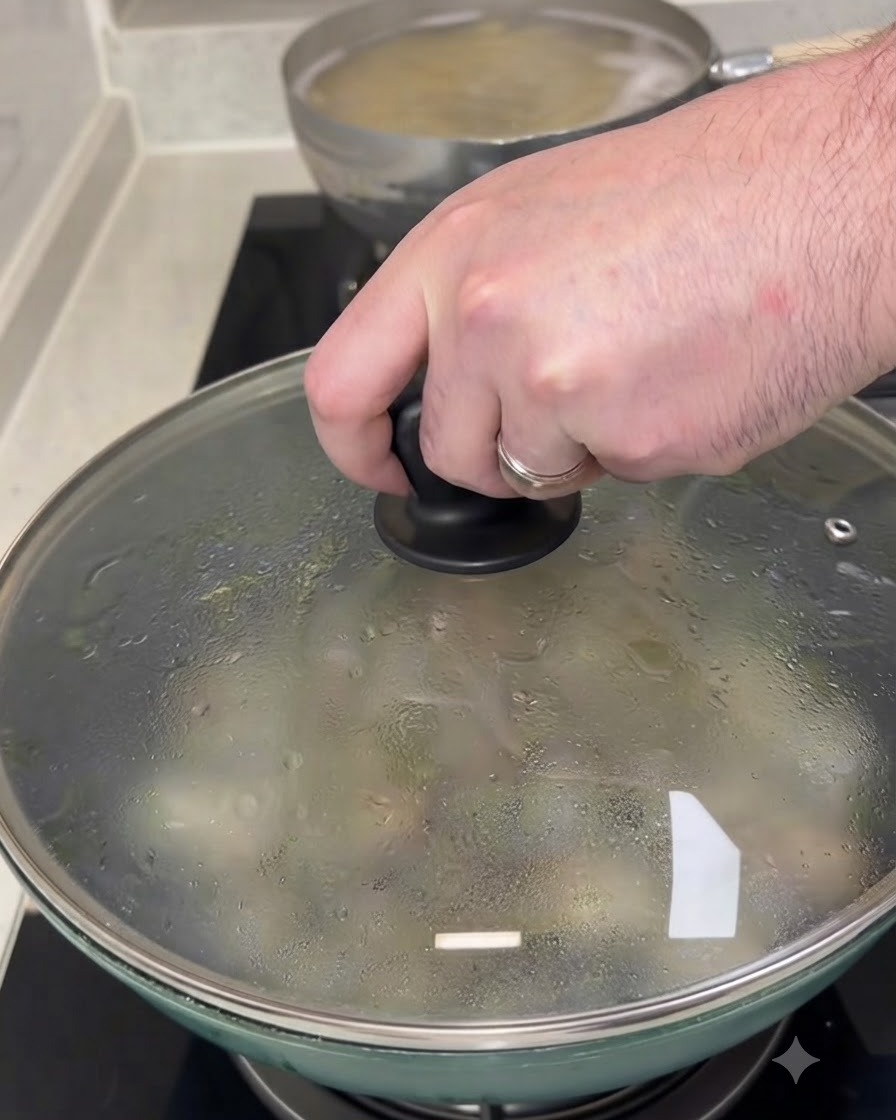 Eine Person hält den Deckel einer geschlossenen Pfanne beim Kochen von Muscheln auf dem Herd.