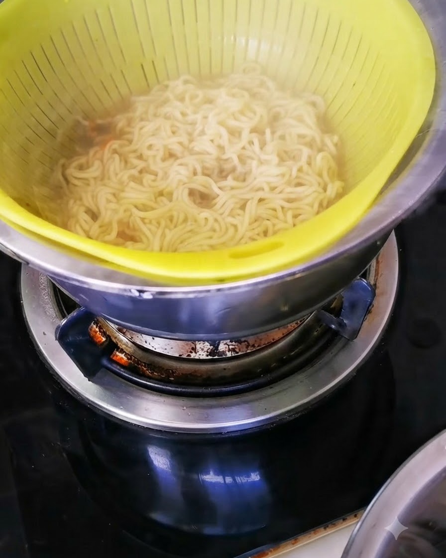 Gekochte Spaghetti ruhen in einem gelben Sieb über einer Metallschüssel.
