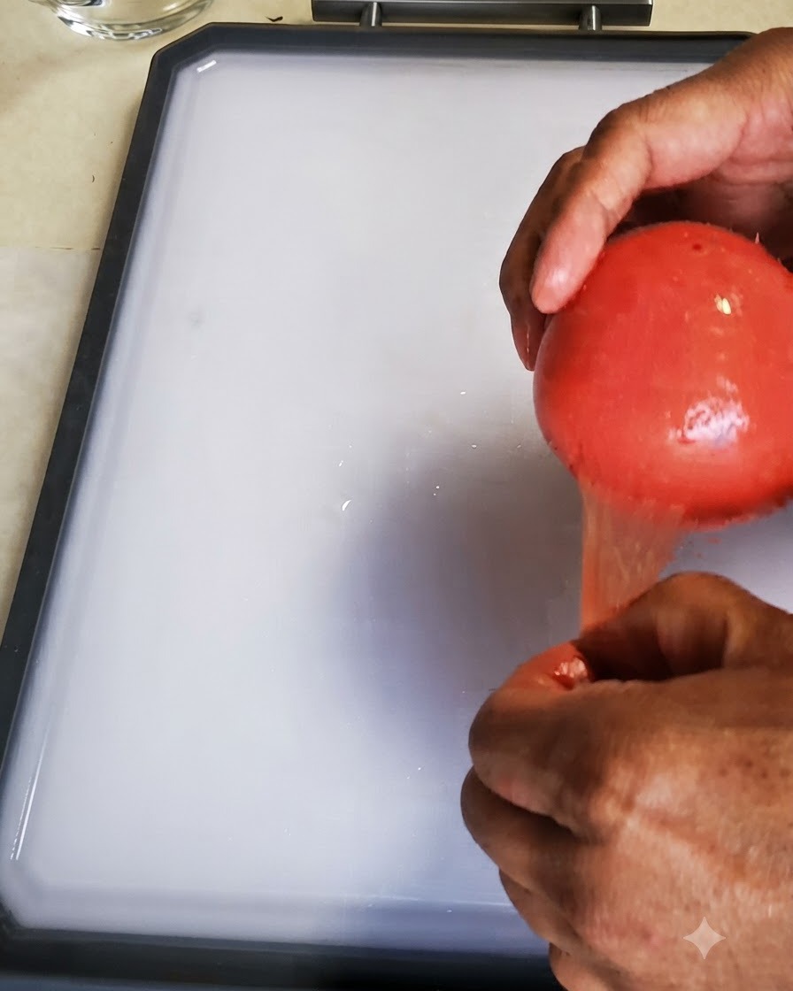 Hände ziehen die äußere Haut einer blanchierten roten Tomate über einem weißen Schneidebrett ab.