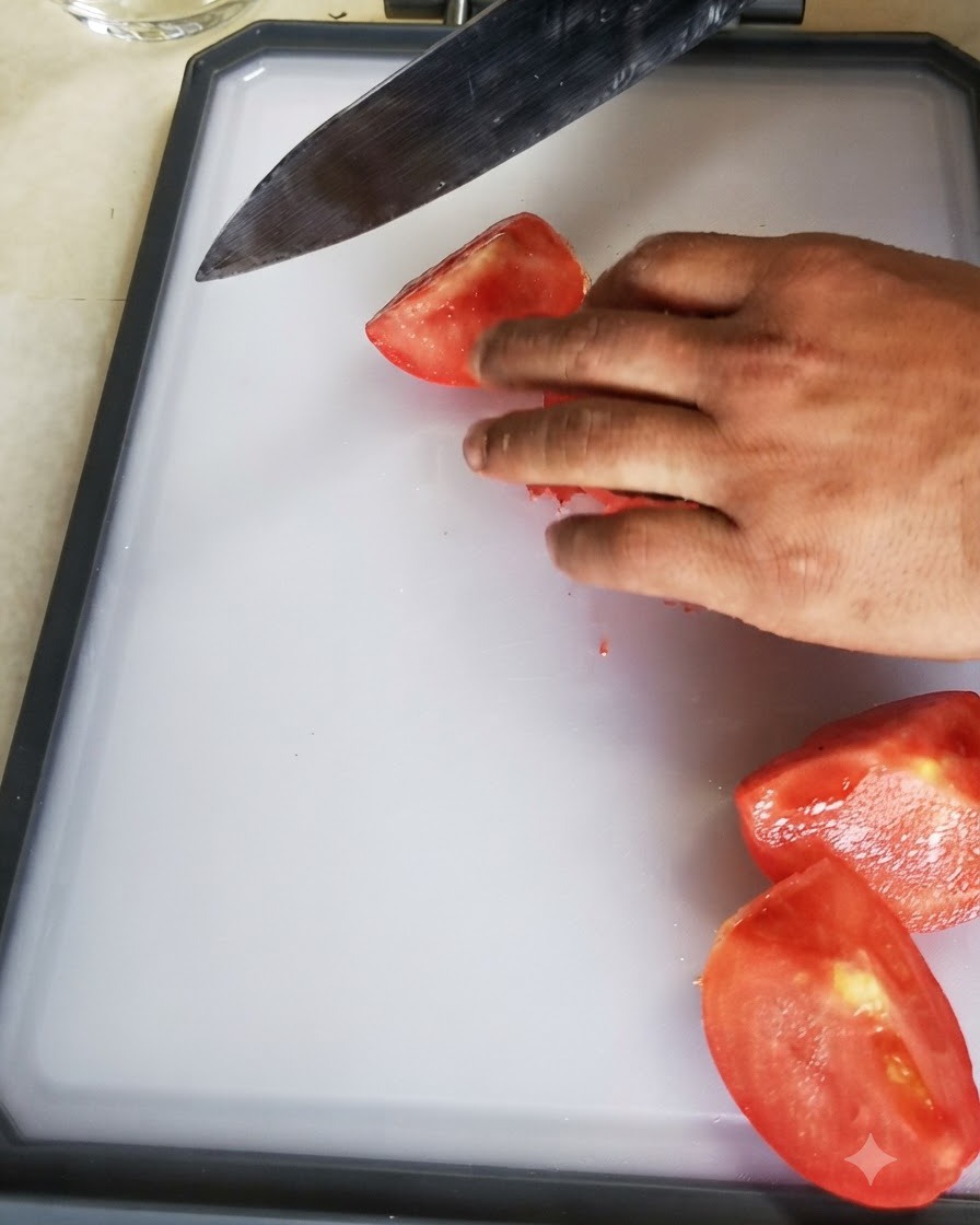 Eine geschälte Tomate wird mit einem Messer auf einem weißen Schneidebrett in kleine Stücke geschnitten.