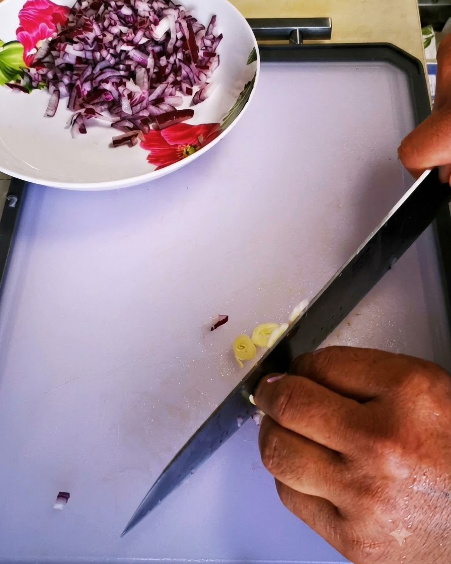 Knoblauchzehen werden mit einem Kochmesser auf einem sauberen weißen Schneidebrett fein gehackt.