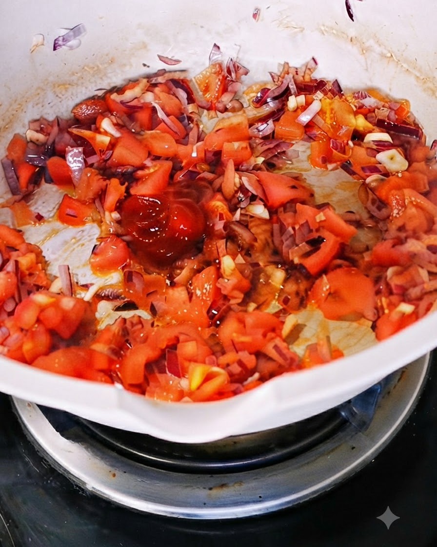 Ein Klecks reichhaltiges Tomatenmark wird zur Tomaten-Zwiebel-Mischung in einer weißen Pfanne gegeben.