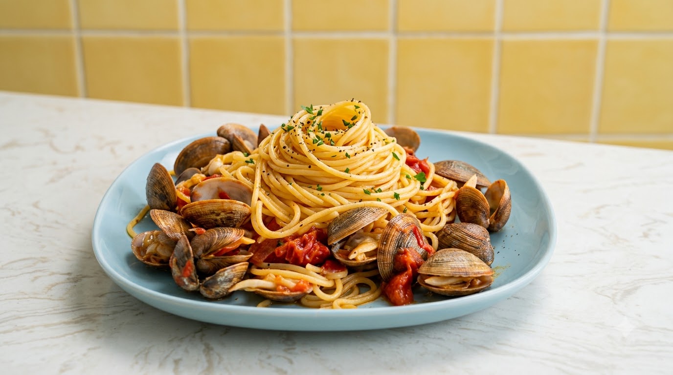 Ein hellblauer Teller mit italienischer Meeresfrüchte-Pasta aus Spaghetti, gewürfelten Tomaten, Zwiebeln, Knoblauch und geöffneten Venusmuscheln, garniert mit frischen Kräutern.