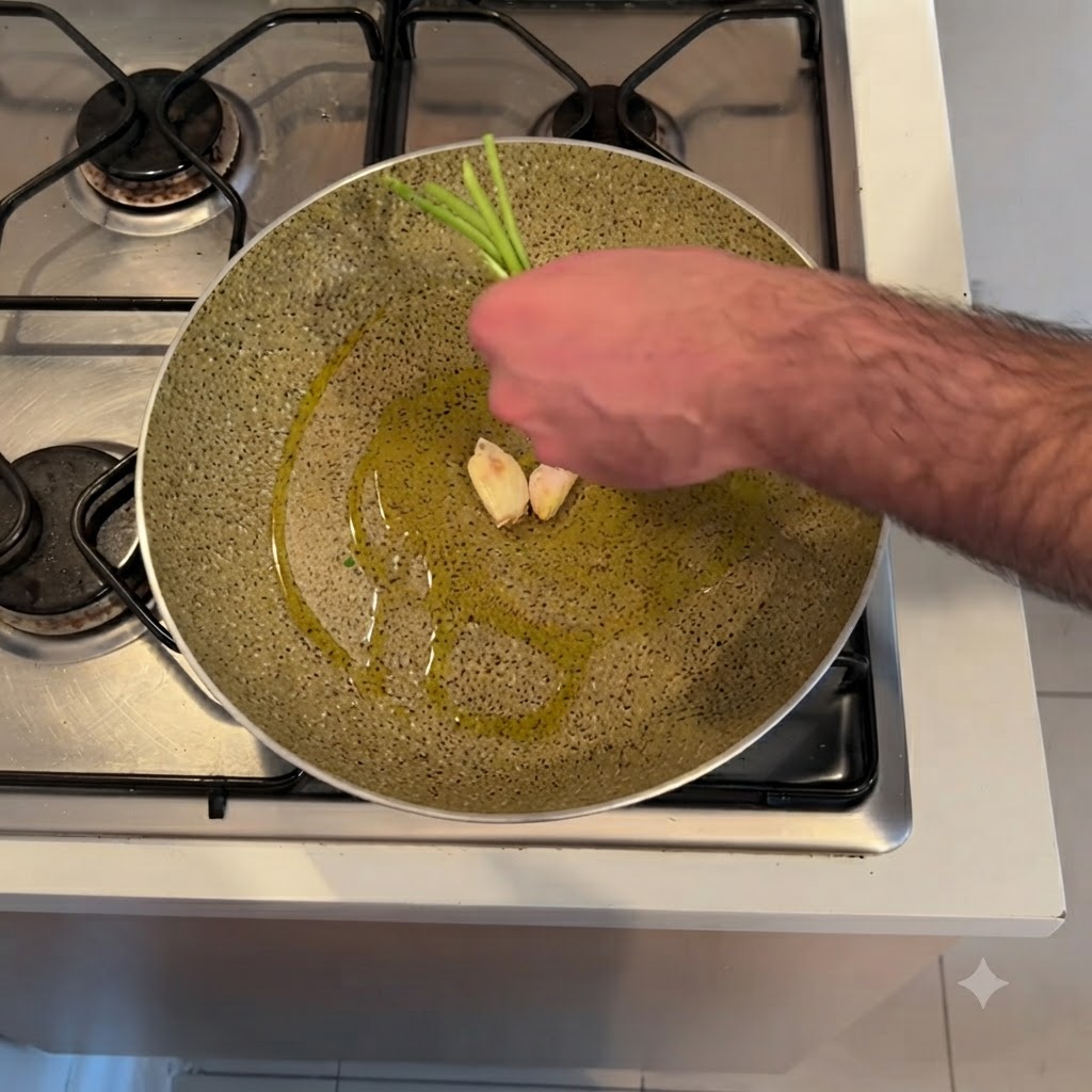 Eine Hand legt grüne Selleriewurzeln und angedrückte Knoblauchzehen in eine Pfanne mit erhitztem Olivenöl.
