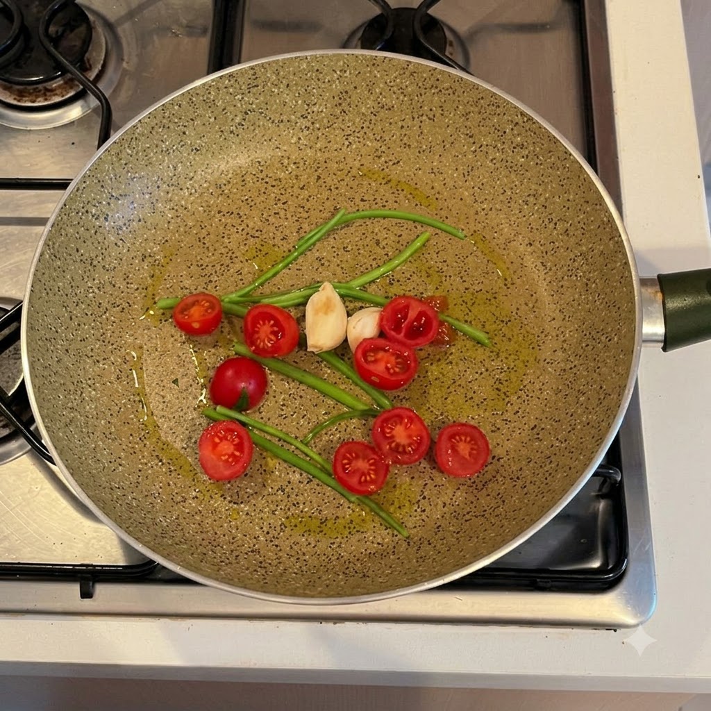 Halbierte Kirschtomaten, Knoblauchzehen und Selleriewurzeln werden in einer mit Olivenöl benetzten Bratpfanne angebraten.