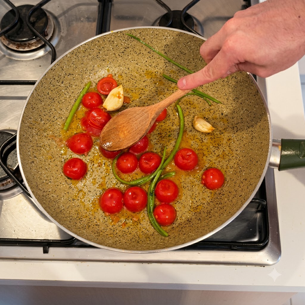 Eine Hand benutzt einen Holzlöffel, um leuchtend rote Kirschtomaten herunterzudrücken, die in einer Pfanne zusammen mit Knoblauch und Selleriewurzeln kochen.