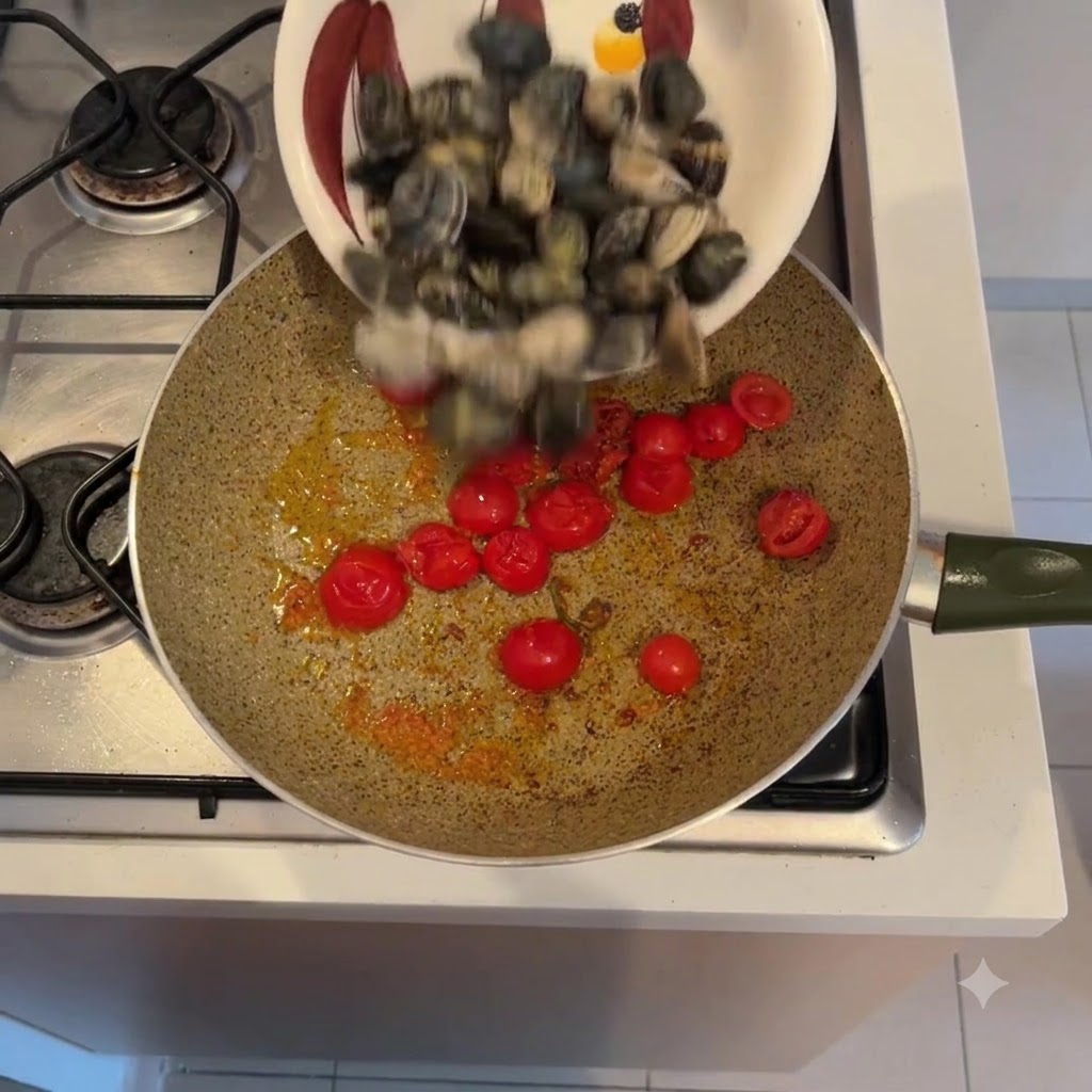 Frische ganze Muscheln werden aus einer dekorativen Schüssel in eine heiße Pfanne mit kochenden Kirschtomaten und Öl geschüttet.