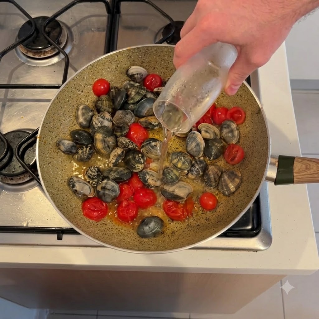 Eine Hand gießt Weißwein aus einem kleinen Glas über dampfende Muscheln und Kirschtomaten in eine Kochpfanne.