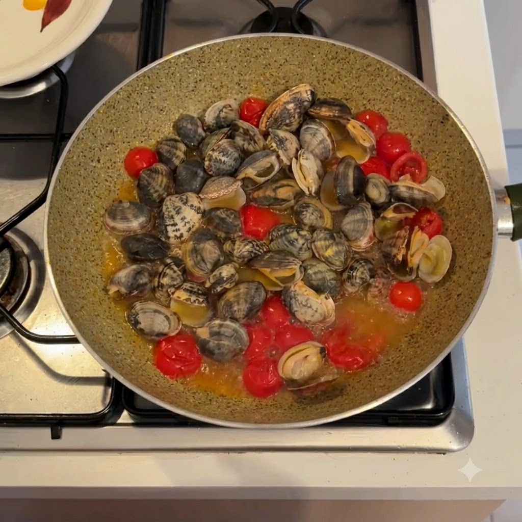 Muscheln werden mit Stäbchen aus einer Pfanne voller Kochflüssigkeit und Tomaten herausgeholt.