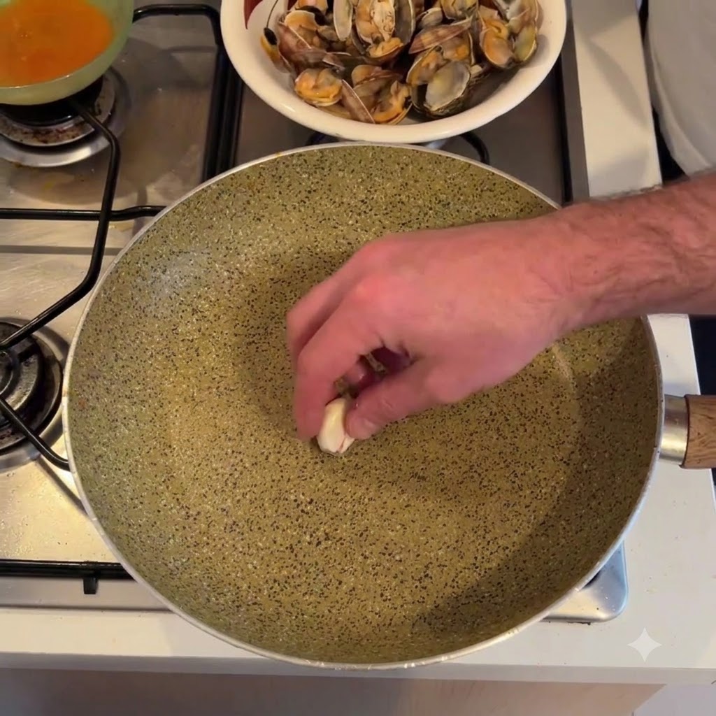 Wasser wird aus einem kleinen Topf in eine Pfanne mit Muschelschalen und einer Schüssel mit Muscheln im Hintergrund gegossen.