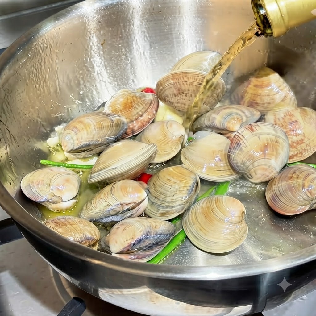 Weißwein wird aus einer Flasche über die Muscheln in eine heiße Pfanne gegossen.