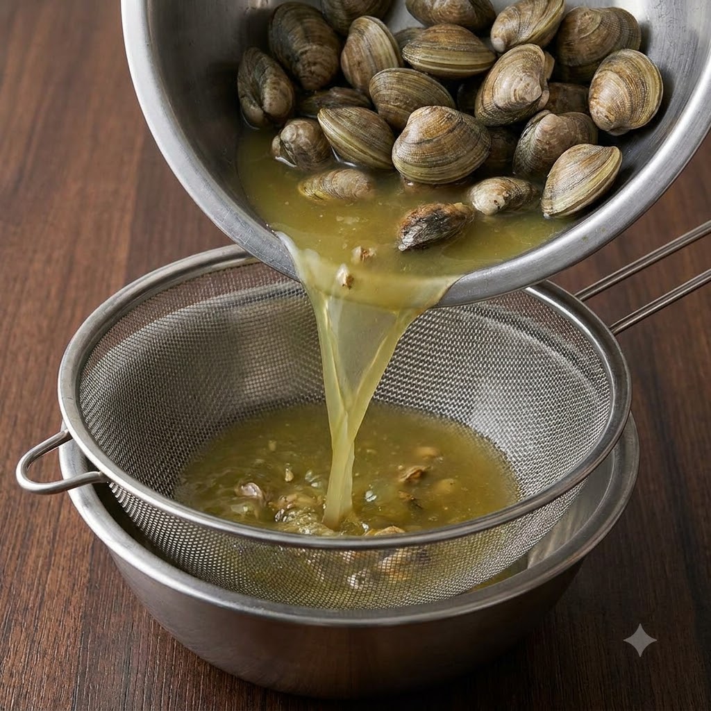 Muscheln und Brühe werden durch ein Metallsieb in eine Schüssel gegossen.