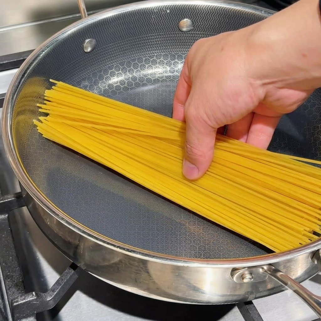 Trockene Spaghettinudeln liegen flach in einer Pfanne mit darüber gegossener konzentrierter Muschelbrühe.