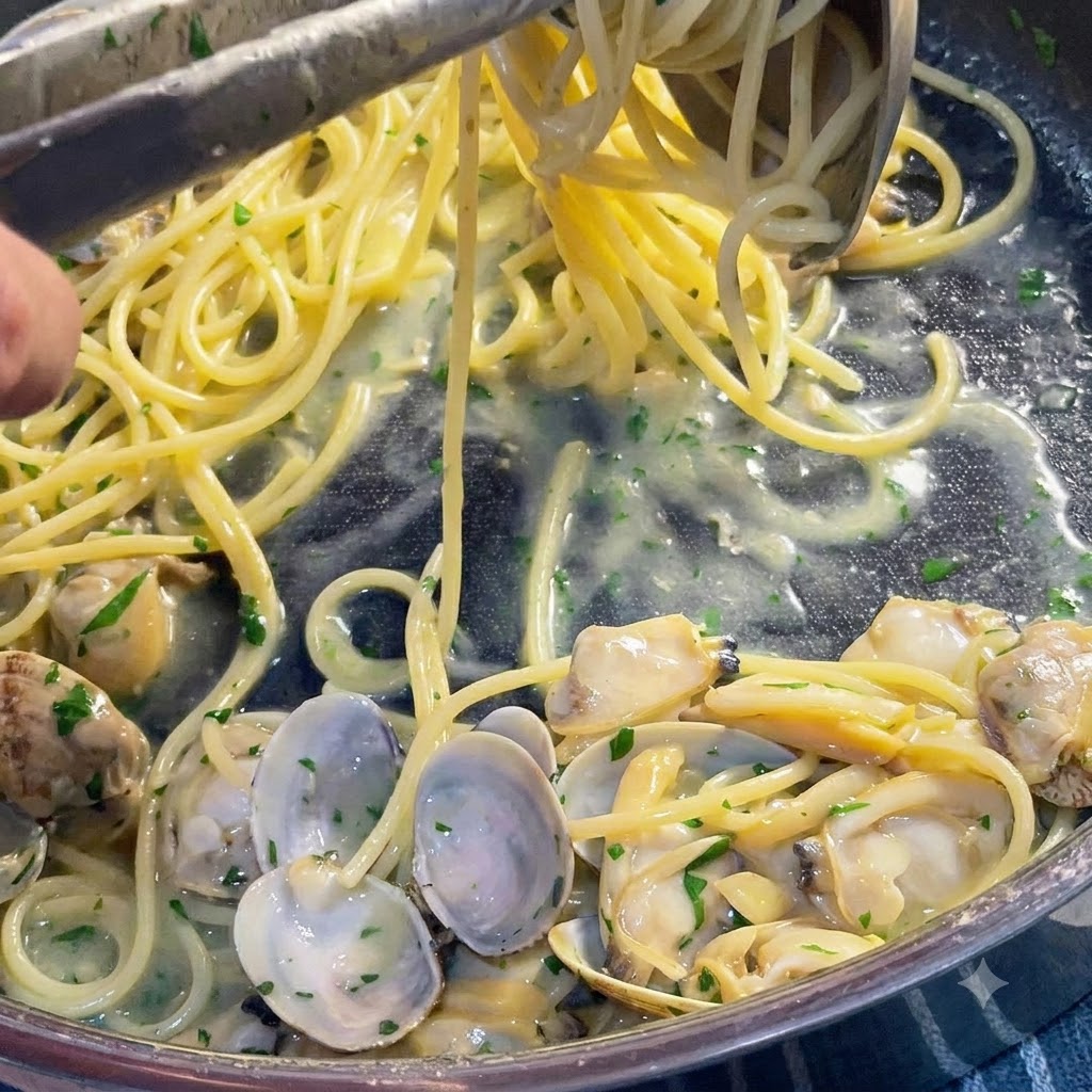 Brühe wird in eine Pfanne mit köchelnden Spaghetti, Muscheln und Petersilie geschöpft.
