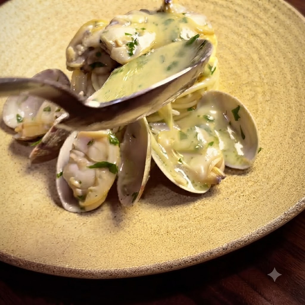 Muschelfleisch wird in eine Pfanne mit gekochten Spaghetti gegeben.