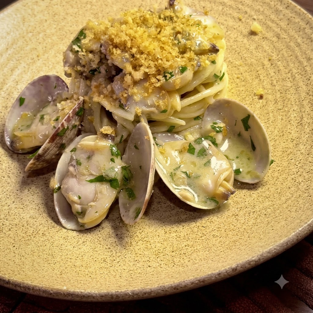Gehackte Petersilie und Olivenöl werden unter die Pasta gemischt, um eine Emulsion zu erzeugen.
