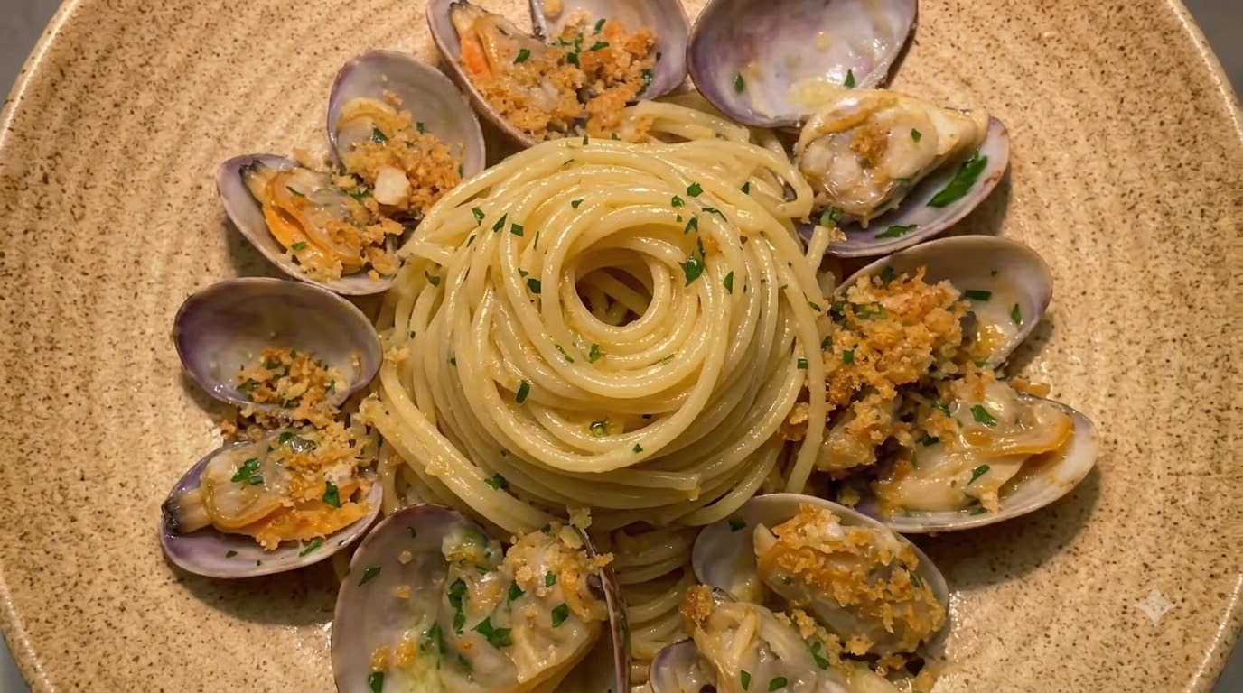 Klassische Spaghetti Vongole mit gerösteten Knoblauch-Paniermehl