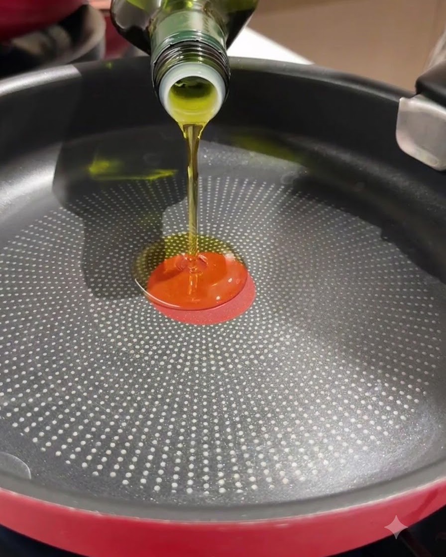 Olivenöl wird aus einer Glasflasche in eine heiße schwarze Bratpfanne gegossen.