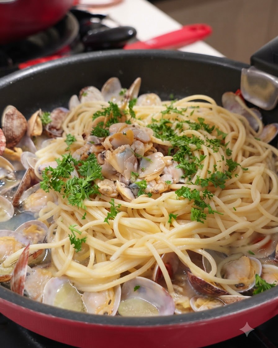 Eine Pfanne mit Spaghetti und Muscheln, großzügig garniert mit frisch gehackter grüner Petersilie.