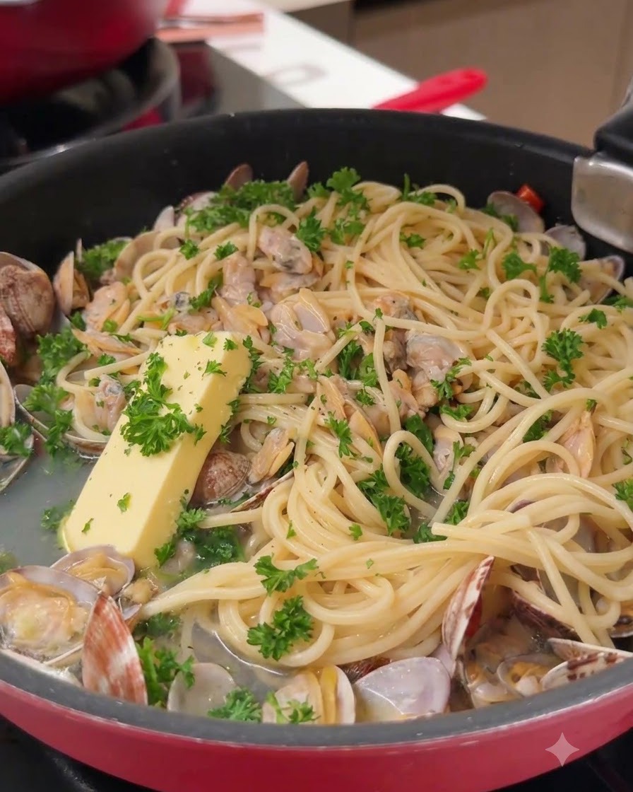 Ein Stück gelbe Butter liegt auf Spaghetti und Muscheln in einer Bratpfanne.