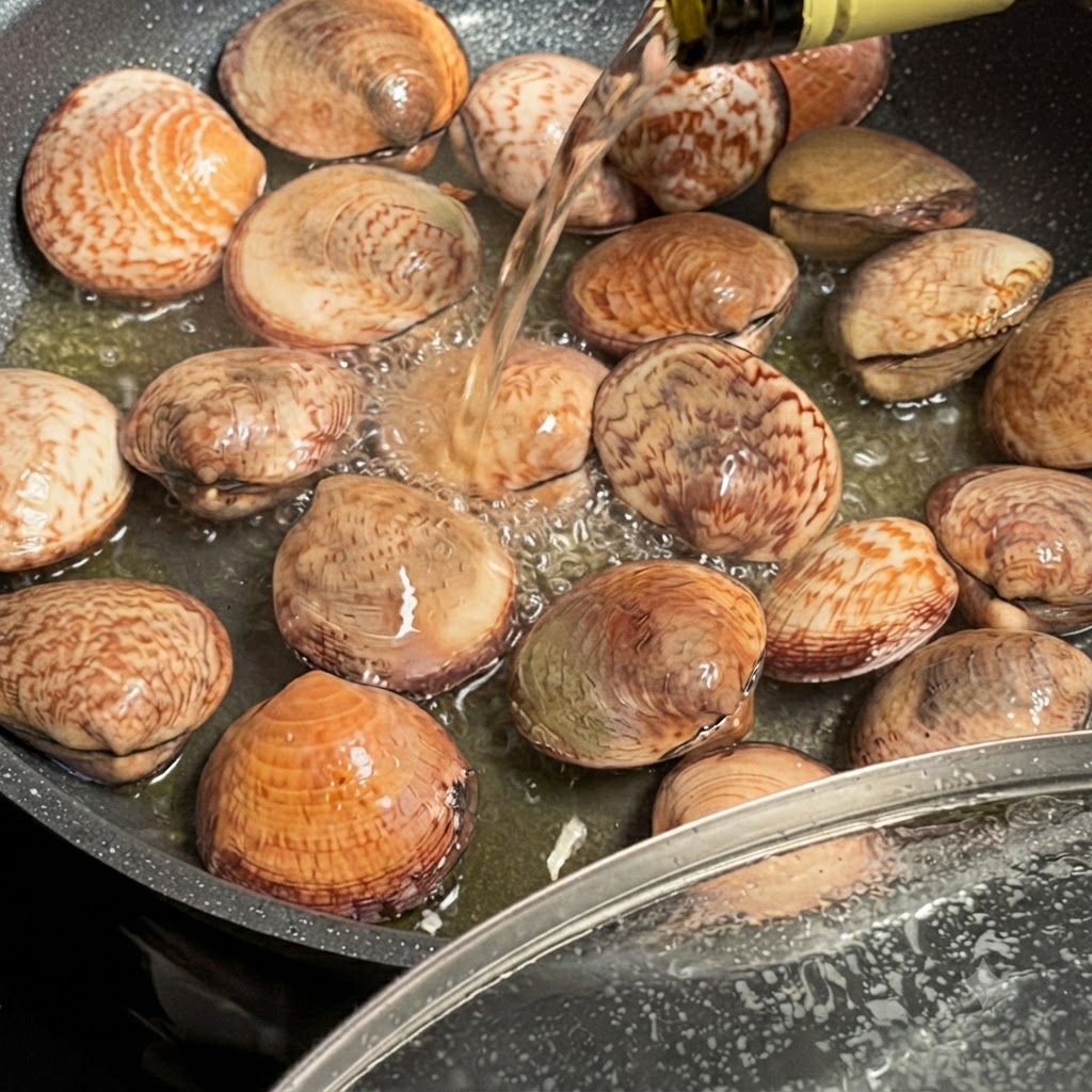 Weißwein wird über eine mit Muscheln gefüllte Pfanne gegossen.
