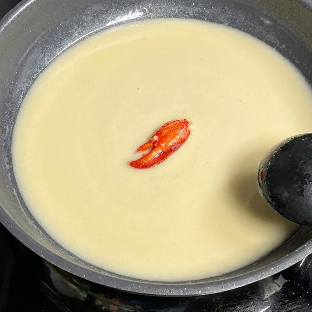 Ein Löffel reichhaltige Krabbenbutter liegt in der köchelnden Muschelbrühe in einer Pfanne.