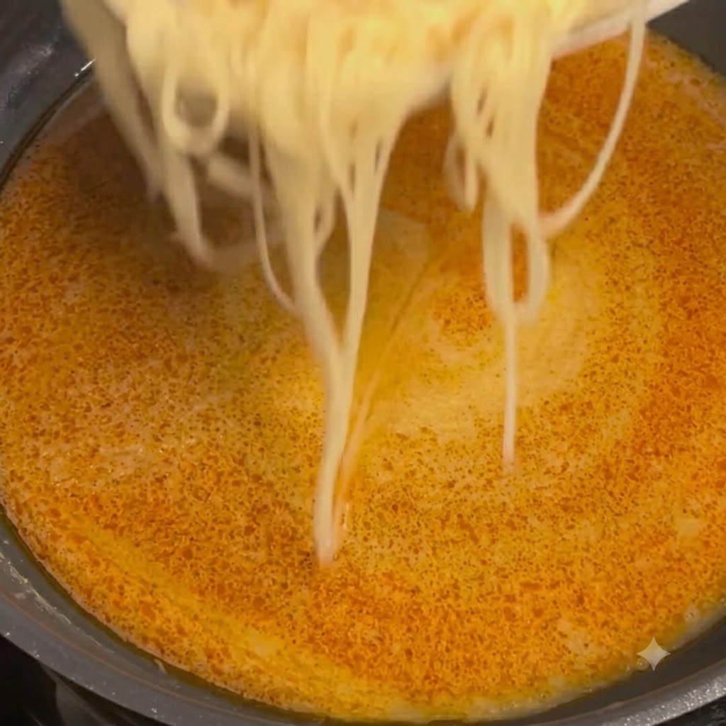 Frisch gekochte Nudeln werden von einem Teller in eine zischende Pfanne mit cremiger, orangefarbener Muschel-Krabbenbutter-Soße gegeben.