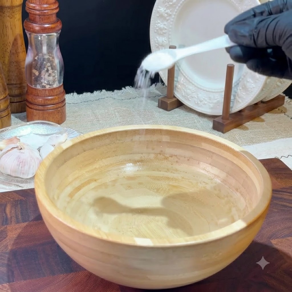 Salz wird aus einem weißen Löffel in eine mit Wasser gefüllte Holzschüssel geschüttet.
