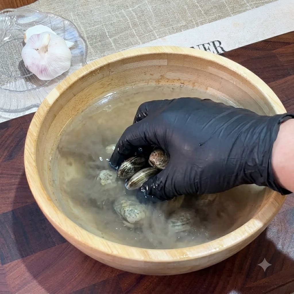 Muscheln liegen in einer Holzschüssel, die mit trübem Salzwasser gefüllt ist.