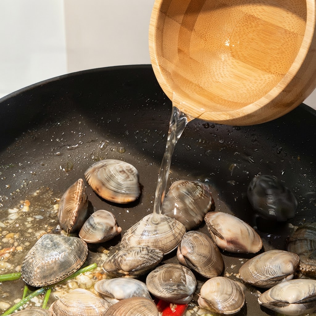 Weißwein wird aus einer Schüssel über Muscheln in einer Pfanne gegossen.