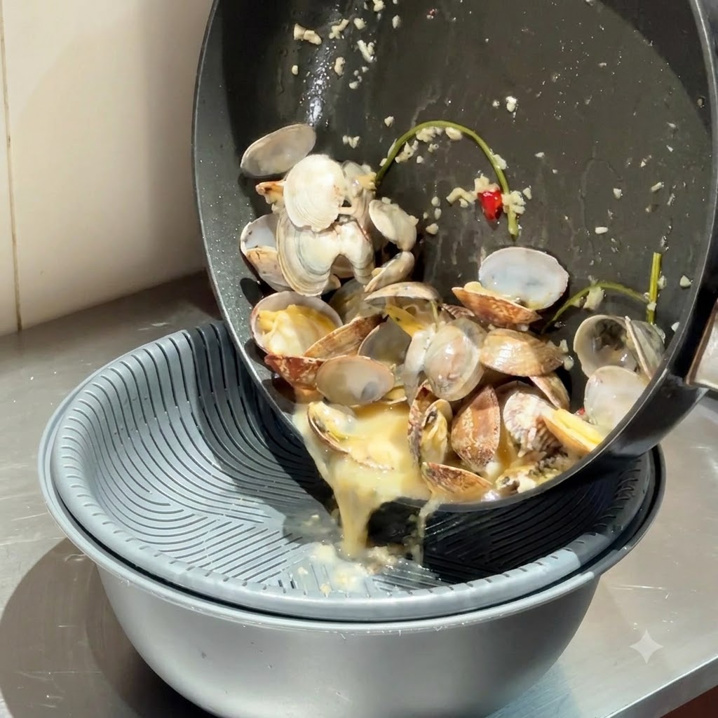 Brühe und Muscheln werden aus einer Pfanne durch ein Sieb in eine Schüssel gegossen.